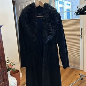 Leather/suede black ladies coat, with lamb shearling collar.  Banana Republic.